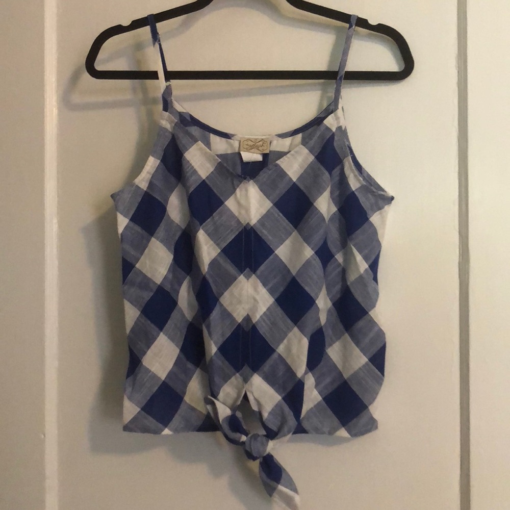 Blue and white checkered tie front tank - size M